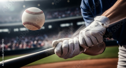 Close-up view of a baseball player swinging a bat, hitting the ball with force.