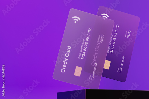 Transparent and solid credit card standing on the black podium, suitable for use as a copy space background. Financial concept.