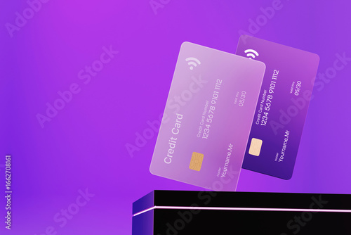 Transparent and solid credit card standing on the black box podium, suitable for use as a copy space background. Financial concept.