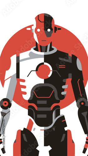 A humanoid robot stands prominently, characterized by a sleek design featuring contrasting black and white sections. The backdrop radiates warm tones, emphasizing the robot's futuristic features and i