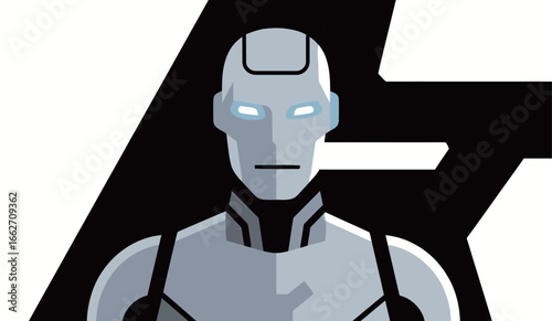 A futuristic robot figure features a chrome-like surface and piercing blue eyes, designed with smooth lines and a minimalist aesthetic. The backdrop is a bold black shape that enhances the robot's str