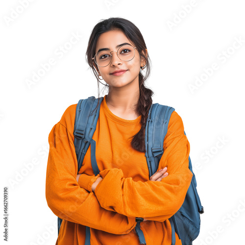 Young indian girl with glasses and backpack smiling confidently with arms crossed isolated on transparent background