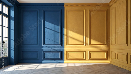 Blue and Yellow Textured Walls with Golden Sunlight Shadows, Minimal photography studio with natural light