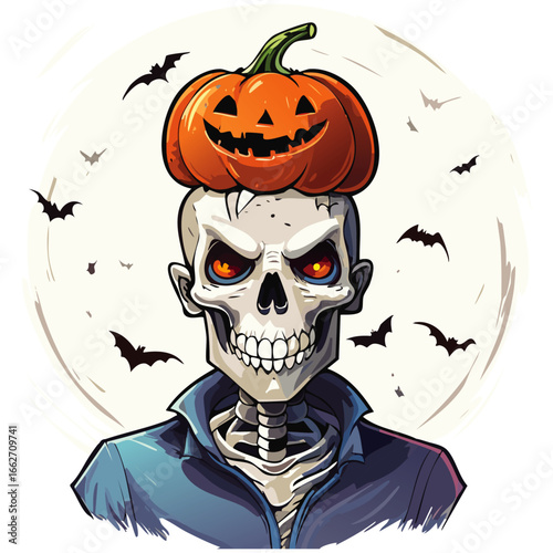 A skeleton man with a skull hat and a pumpkin on her head. She has a smile on her face	