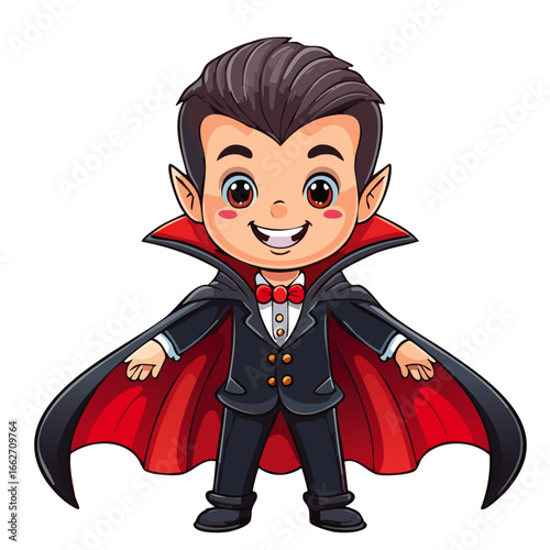 Cute boy in dracula costume vector color illustration. Image of festive costume charming character for halloween.