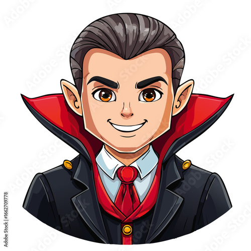 Cute boy in dracula costume vector color illustration. Image of festive costume charming character for halloween.