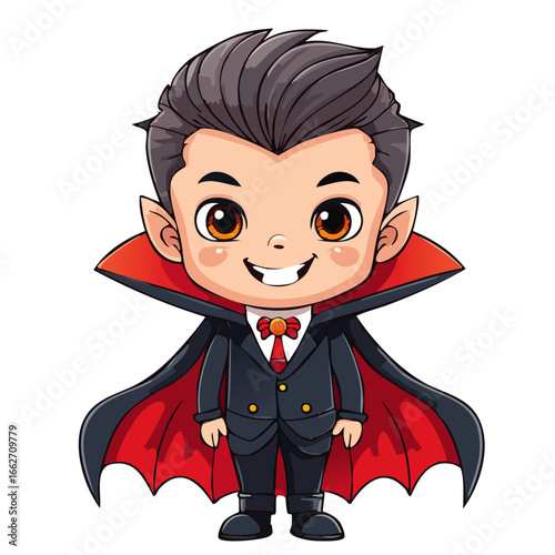 Cute boy in dracula costume vector color illustration. Image of festive costume charming character for halloween.