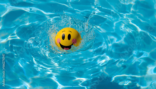 Smiley face ball splashing in a swimming pool, creating ripples.