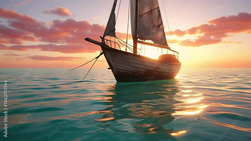 Fototapeta premium Wooden Sailboat on Calm Sea at Sunset – Peaceful Ocean Sailing Concept