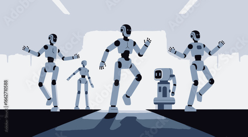 Three robotic figures engage in choreographed dance steps, showcasing complex movements. The setting features modern design elements and dim lighting, enhancing the futuristic vibe of the scene.