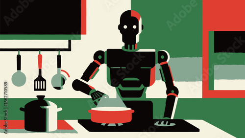 A robot chef is actively preparing a meal in a contemporary kitchen. The kitchen is adorned with colorful utensils and appliances, emphasizing a blend of technology and culinary art. The robot's metic