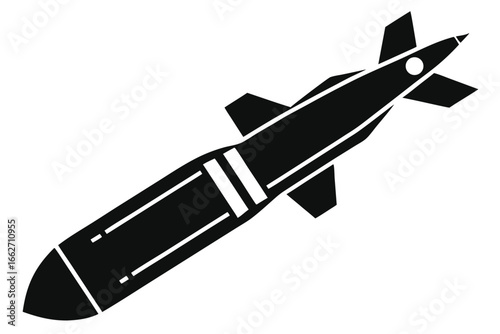 Black Missile Icon, Warhead Silhouette with Fins on White Background