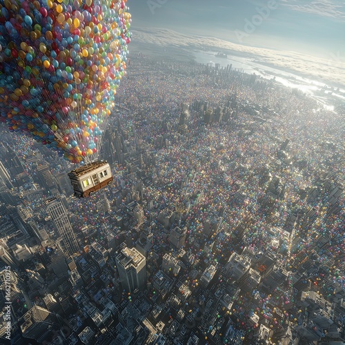 whimsical refrigerator soars above a modern metropolis: a stunning 8k poster perfect for creative spaces and sporty interiors, showcasing absurdity in photorealistic detail under dazzling sunlight.