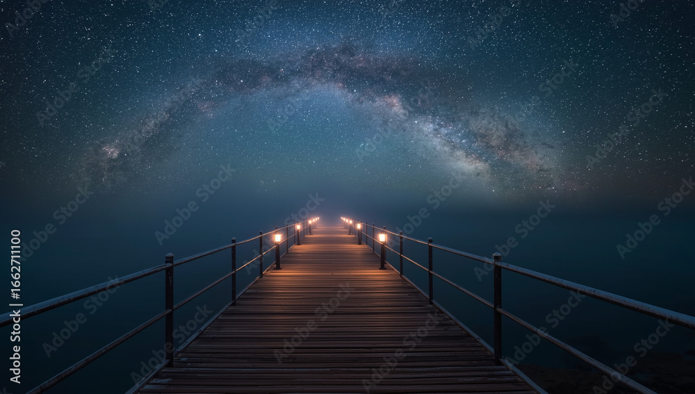 Fototapeta premium A wooden bridge stretches into the night, illuminated by lights under a starry sky.