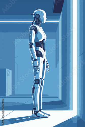 A humanoid robot with a sleek design stands upright in a modern, minimalistic environment. The scene is characterized by blue tones and clean lines, highlighting the advanced technology and futuristic
