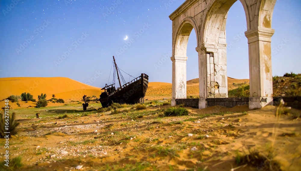 Fototapeta premium Desert shipwreck under starry sky