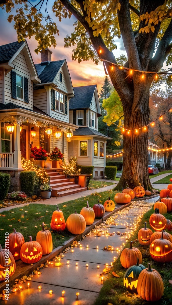 Fototapeta premium Charming suburban street lined with houses decorated for halloween, featuring glowing pumpkins and festive lights along the pathway
