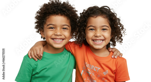 Two smiling children isolated on transparent background embracing each other warmly