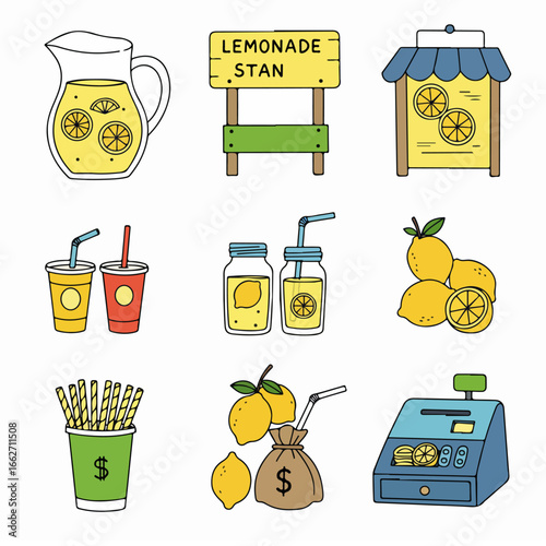 Hand-drawn collection of lemonade stand icons, featuring drinks, lemons, and business elements for a cheerful summer theme.
