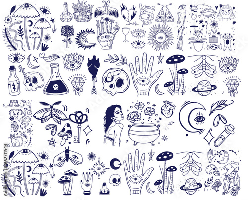 Magic icons doodles outlines set. Magic icons doodles outlines set. Hand drawn doodle sketch style vector illustration. Witchcraft occultism design elements