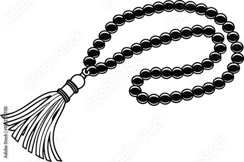 Vector of Black islamic prayer beads with a tassel on a white background.