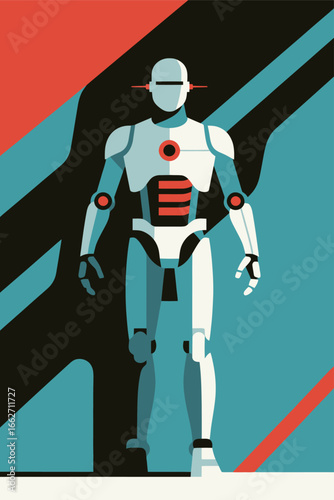 A humanoid robot is depicted in a stylized illustration, combining sleek lines and vibrant colors. The figure showcases advanced technology with a dynamic pose, emphasizing a blend of artistry and fut