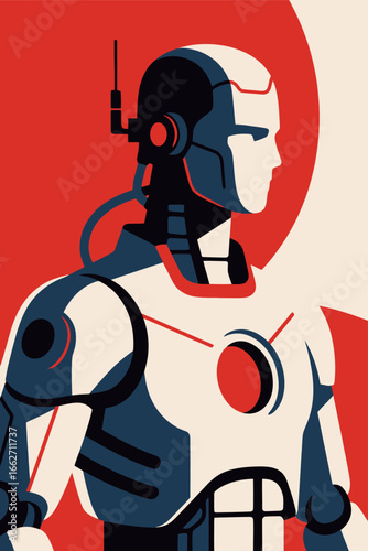 A detailed robot figure stands confidently against a striking red and cream backdrop, highlighting its smooth contours and advanced features. The environment suggests a contemporary art exhibition sho