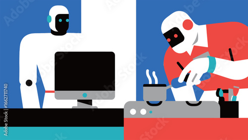 Two humanoid robots are engaged in kitchen activities, one cooking on a stove while the other monitors a computer. Bright colors create a lively atmosphere, showcasing the blend of technology and culi