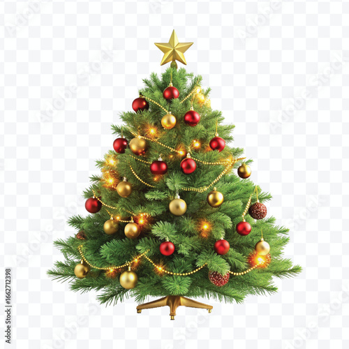 realistic 3d christmas tree with lights, red and gold christmas balls and stars isolated on white background