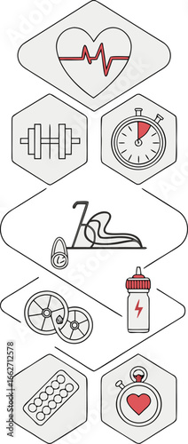 Vector of Fitness and health icons representing exercise and well being.