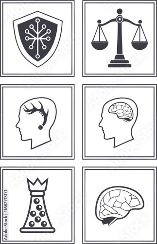 Vector of Collection of icons representing security justice brains and chess pieces.