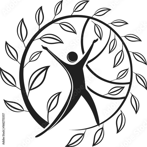 Vector of Person reaching upwards within a circular tree of life design.