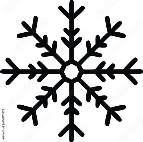 A simple black line art snowflake features symmetrical crystalline branches on a white surface