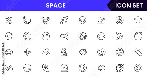 Space technology vector line icons featuring rockets, satellites, space stations, telescopes, planets, astronauts, orbits, launches, and cosmic exploration tools.