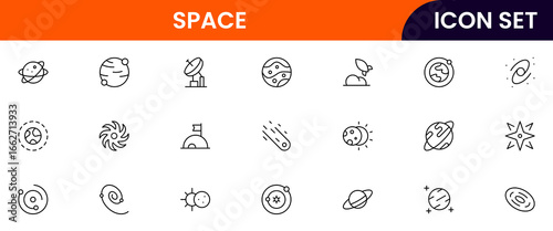 Space technology vector line icons featuring rockets, satellites, space stations, telescopes, planets, astronauts, orbits, launches, and cosmic exploration tools.
