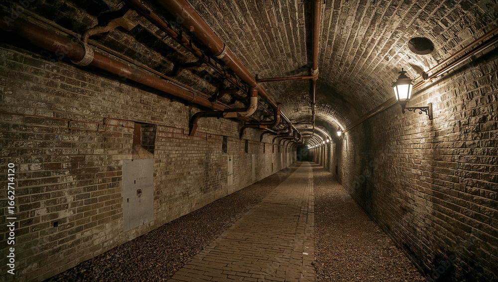 Obraz premium Old sewer tunnel with rusty iron pipes and aged brick walls.