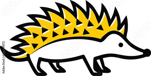 A cartoon hedgehog walks with yellow quills decorated with small triangles