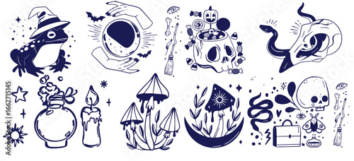 Magic icons doodles outlines set. Magic icons doodles outlines set. Hand drawn doodle sketch style vector illustration. Witchcraft occultism design elements