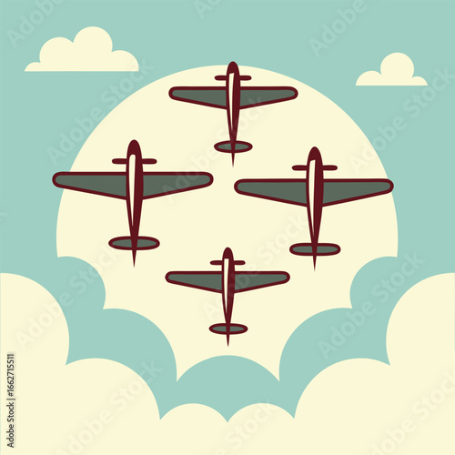 Retro-styled illustration of four vintage propeller planes in formation, soaring above stylized clouds against a pastel sky, evoking a sense of freedom and teamwork.