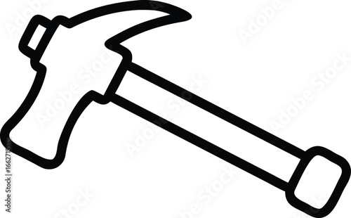 A simple black outlined carpenter's hammer lies isolated against the pure white backdrop