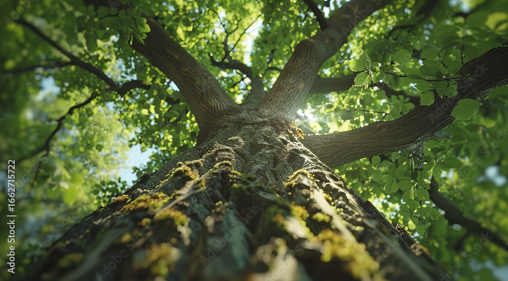 Fototapeta premium Sunlight streams through lush tree canopy, focusing on massive trunk