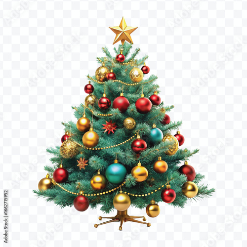 realistic 3d christmas tree with lights, red and gold christmas balls and stars isolated on white background