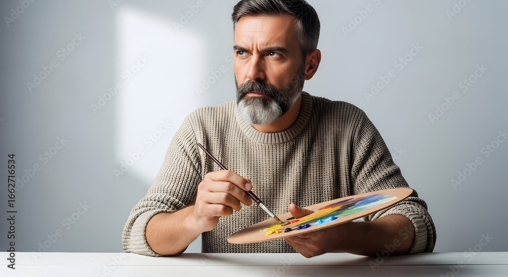 Fototapeta premium Thoughtful mature man with gray beard wearing beige sweater sitting at desk with paint palette and brush contemplating artwork in bright modern studio space