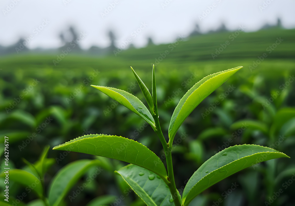 Obraz premium Fresh Green Tea Plantation with Shiny Young Leaves and Morning Sunlight Close Up