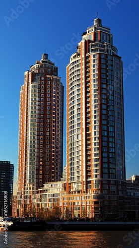 Two tall, modern residential towers, terracotta-colored, alongside a river