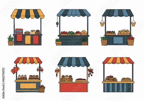 Colorful vector illustration set of various market stalls, offering fresh produce, groceries, and merchandise for a vibrant shopping experience.