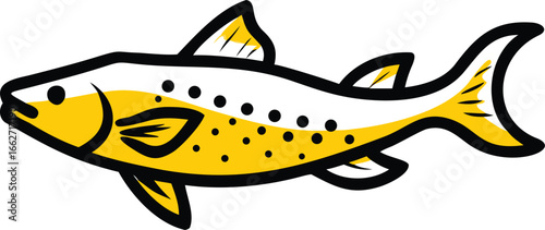 A stylized yellow fish with black spots and white outline floats elegantly on white