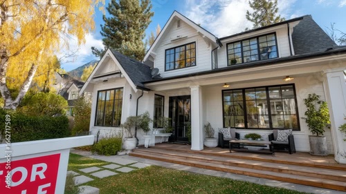 Charming Two-Story White House with Porch and For Sale Sign