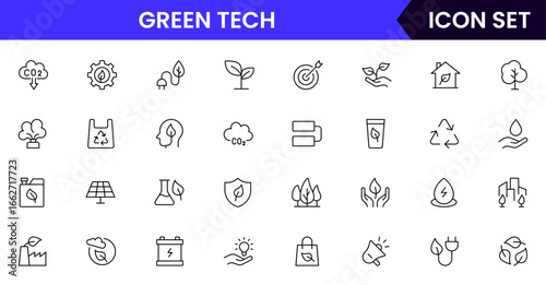 Green tech vector line icons featuring solar panels, wind turbines, eco devices, energy efficiency, sustainability, innovation, recycling, and clean technology solutions.
