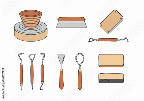 Illustration of various pottery and ceramic tools, including a potter's wheel, loop tools, scrapers, and sponges, for artistic crafting.